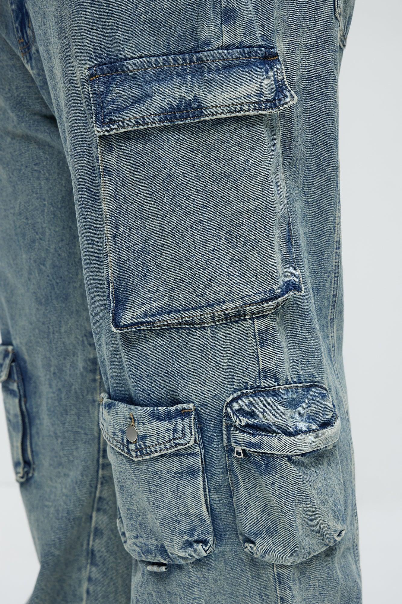 Wish So Many Baggy Cargo Jeans - Medium Blue Wash Product Image