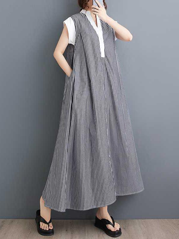 Cap Sleeve Loose Buttoned Striped Lapel Maxi Dresses Shirt Dress Product Image