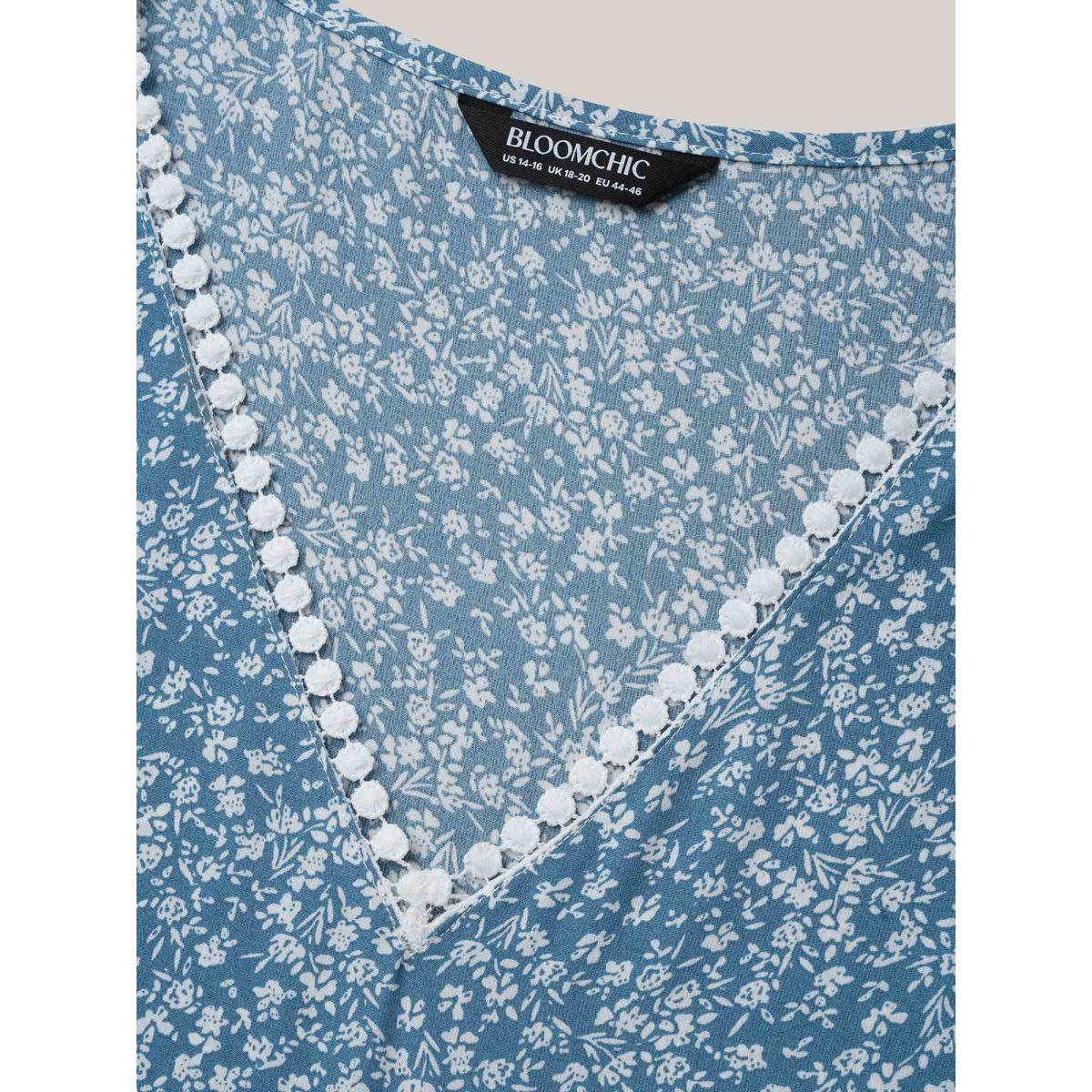 Plus Size Stone Petal Sleeve Floral Lace Spliced Shirt Women Romantic Short sleeve V-neck Elegant Blouses BloomChic 18-20/2X Product Image