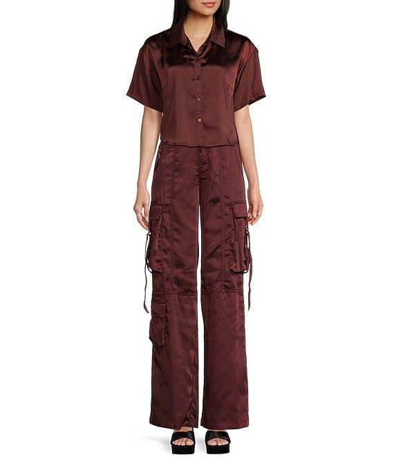 GB Coordinating Satin Short Sleeve Button Front Blouse Product Image