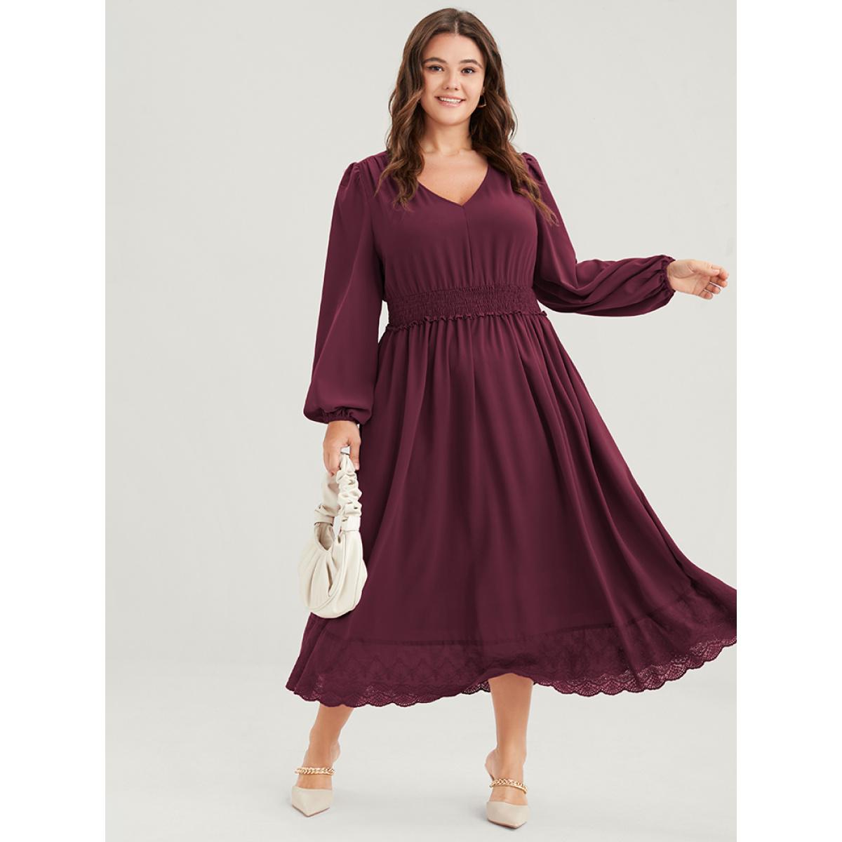 Plus Size Solid Pocket Lantern Sleeve Patchwork Ruffled Shirred Dress DarkGreen Women Elegant Plain V-neck Long Sleeve Curvy Midi Dress BloomChic 14-16/1X Product Image