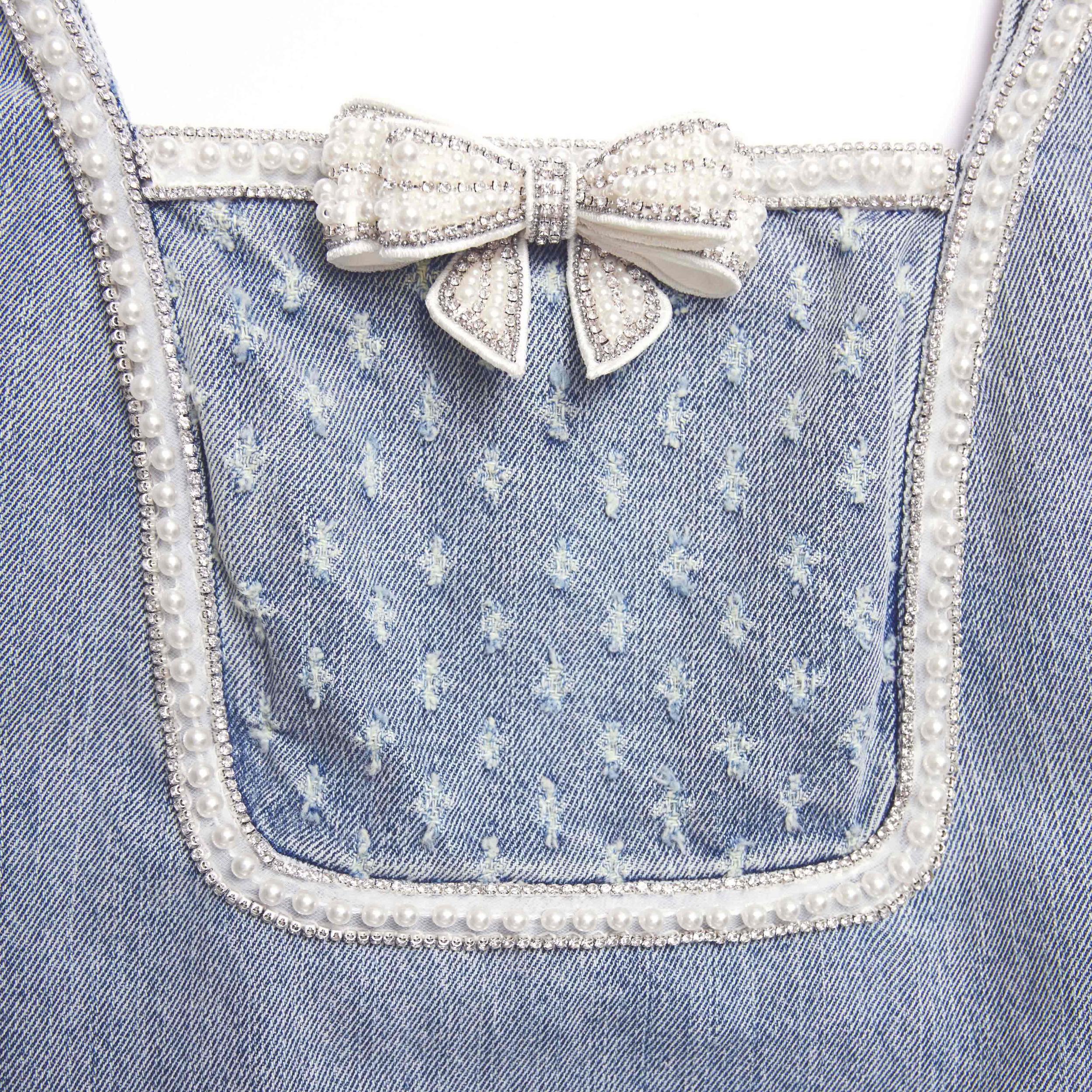 Light Blue Denim Bow Mini Dress Product Image