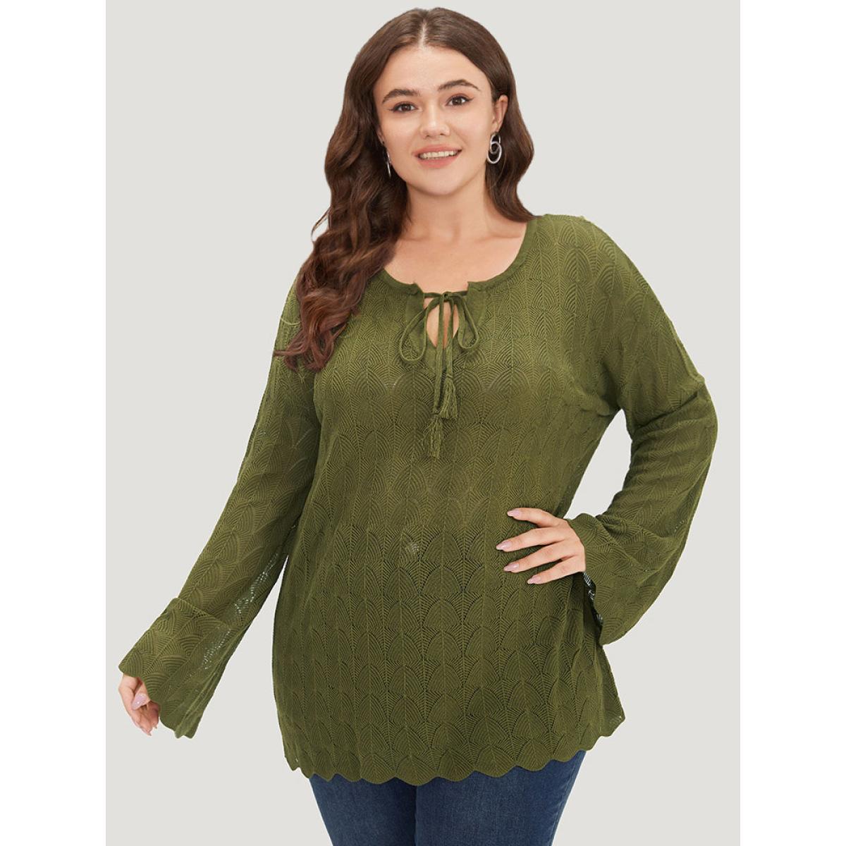 Plus Size Solid Ties Bell Sleeve Scalloped Trim Breathable Pullover Moss Women Casual Loose Long Sleeve V-neck Dailywear Pullovers BloomChic 28/5X Product Image