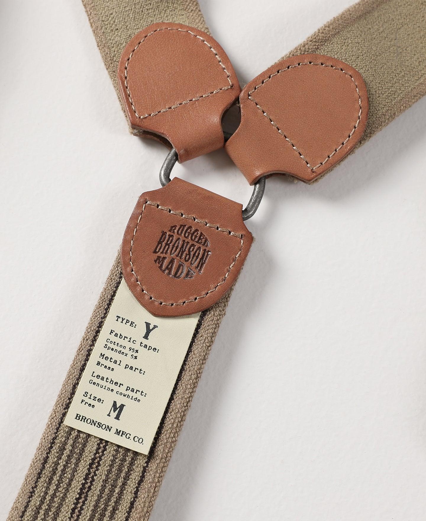 Old-Time Y-Back Leather Button Suspenders - Khaki Stripe Product Image