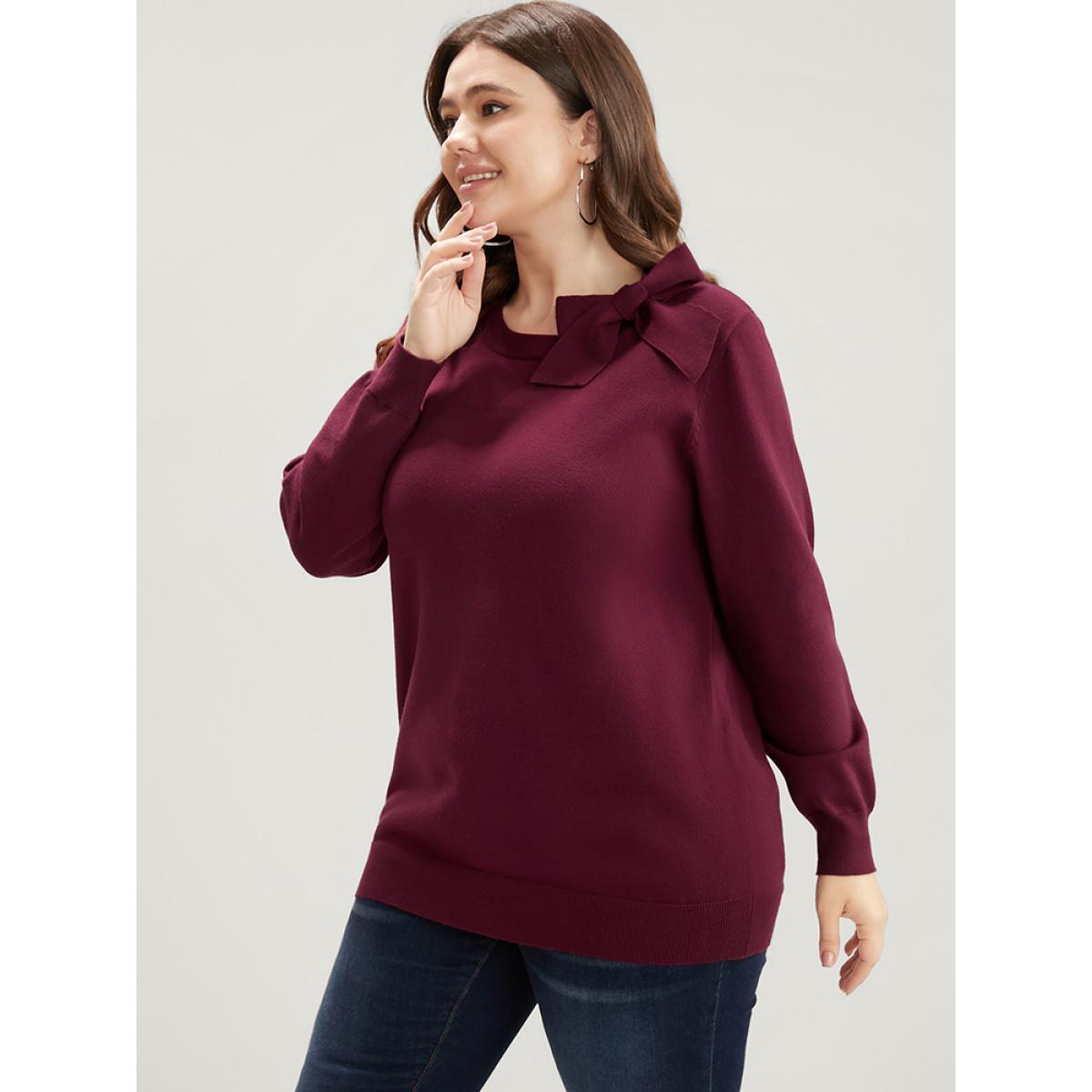 Plus Size Solid Soft Sexy Yarn Knit Knotted Neck Knit Top Scarlet Women Elegant Long Sleeve Tie Neck Dailywear Pullovers BloomChic 12/L Product Image