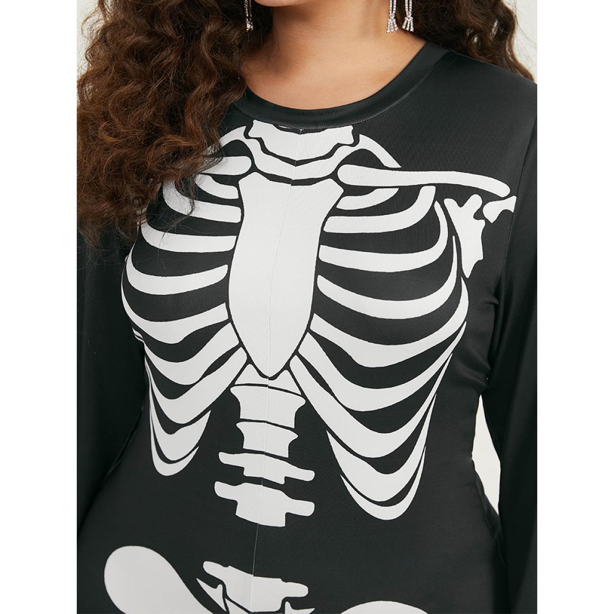Plus Size Black Halloween Skull Print Skinny Crew Neck Jumpsuit Women Casual Long Sleeve Round Neck Festival-Halloween Loose Jumpsuits BloomChic 26/4X Product Image