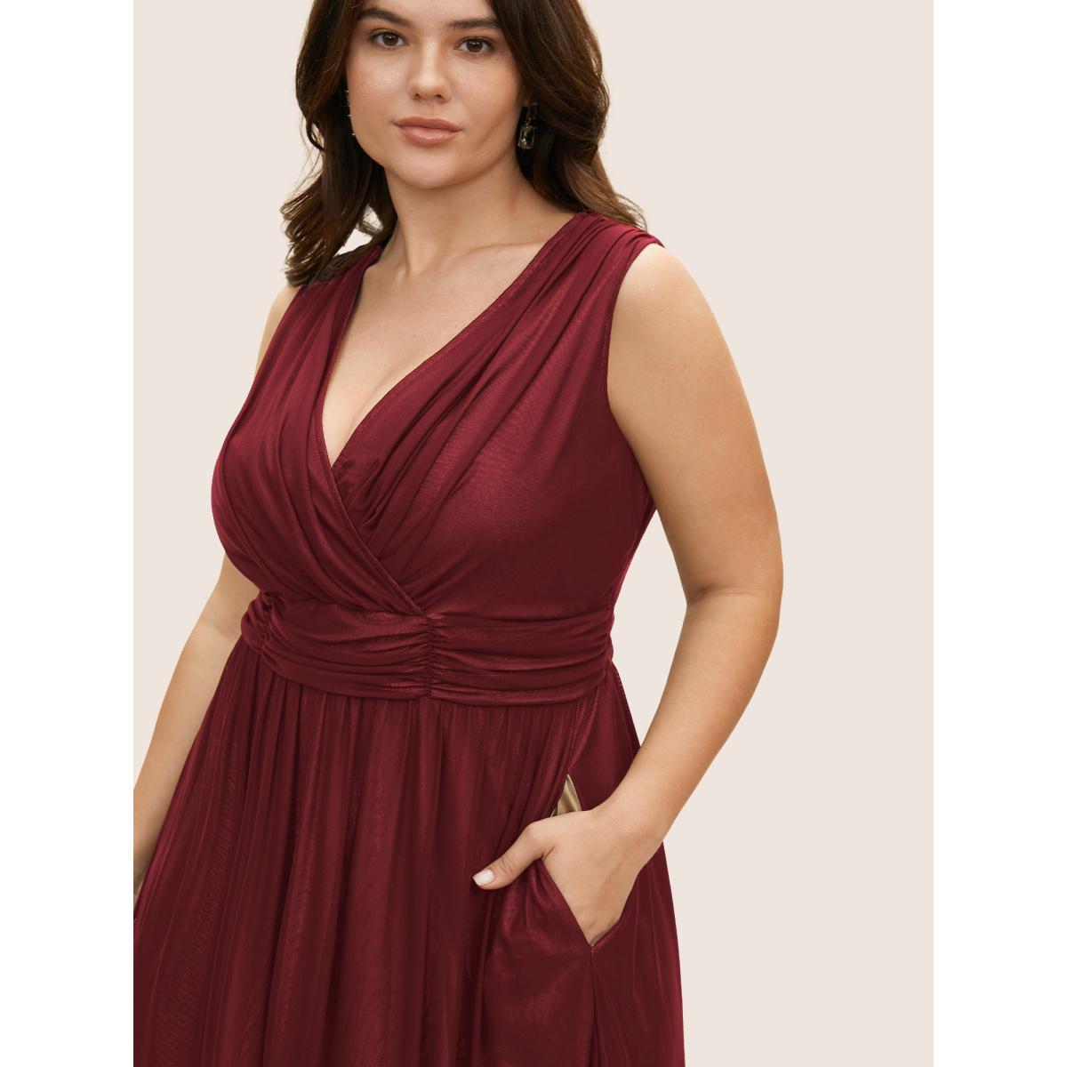Plus Size Solid Mesh Ruched Midi Tank Dress Black Women Cocktail V-neck Sleeveless Curvy BloomChic 28/5X Product Image