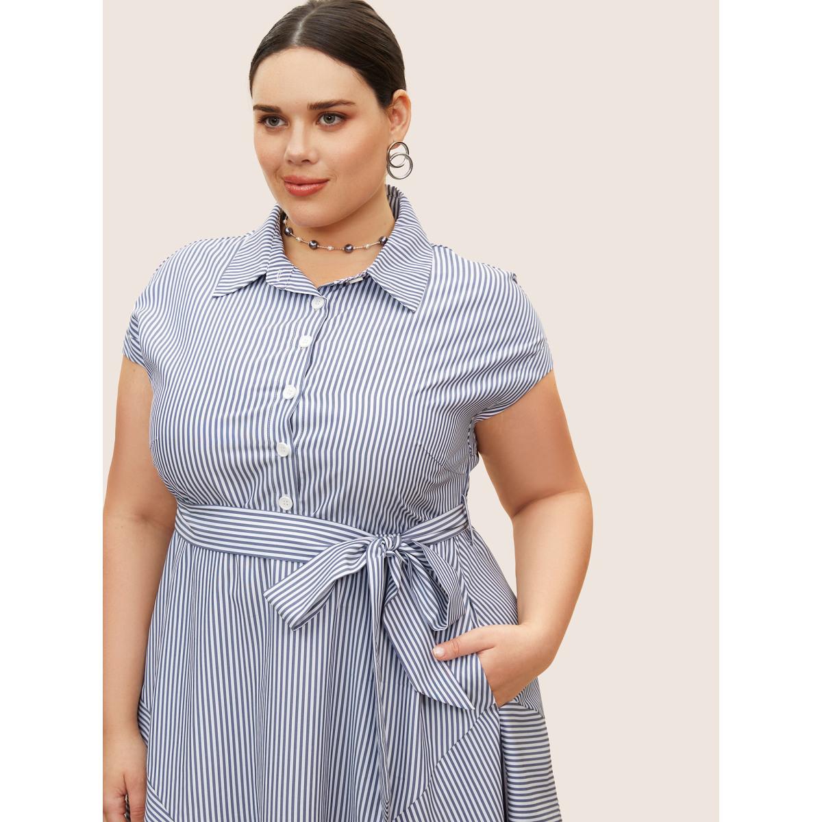 Plus Size Shirt Collar Striped Cap Sleeve Dress SlateGray Women At the Office Belted Shirt collar Sleeveless Curvy BloomChic 30/6X Product Image