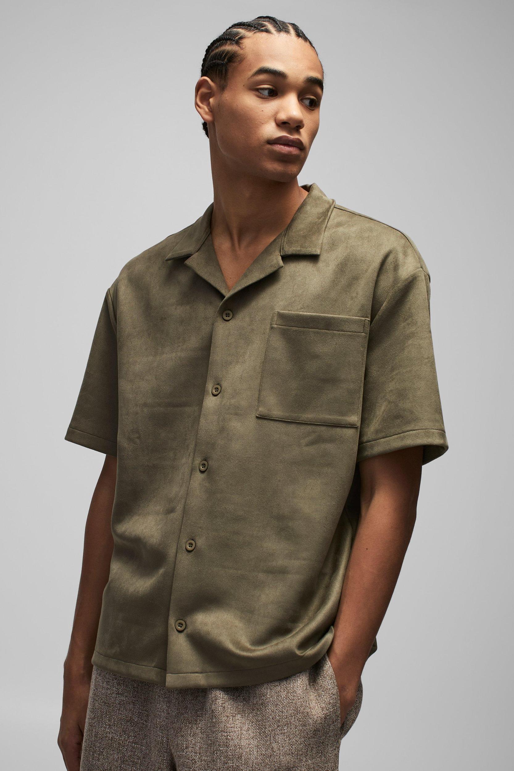 Oversized Faux Suede Revere Neck Shirt | boohooMAN USA Product Image