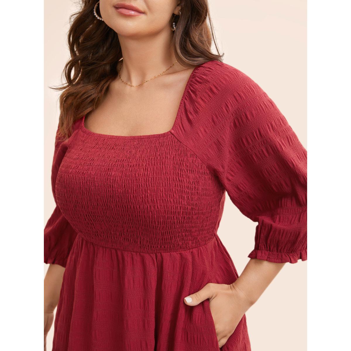 Plus Size Square Neck Broderie Anglaise Patchwork Shirred Dress Denimburgundy Women Elegant Woven ribbon&lace trim Square Neck Elbow-length sleeve Curvy BloomChic 22-24/3X Product Image