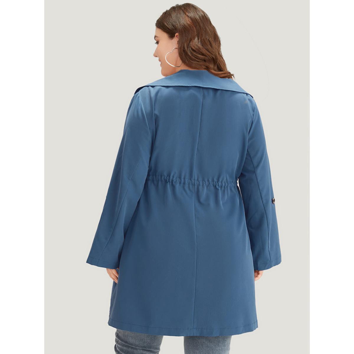 Plus Size Plain Drawstring Pocket Lapel Collar Tab Sleeve Coat Women DarkBlue Office Plain Plain 26/4X Pocket Work From Home Trench Coats BloomChic Product Image