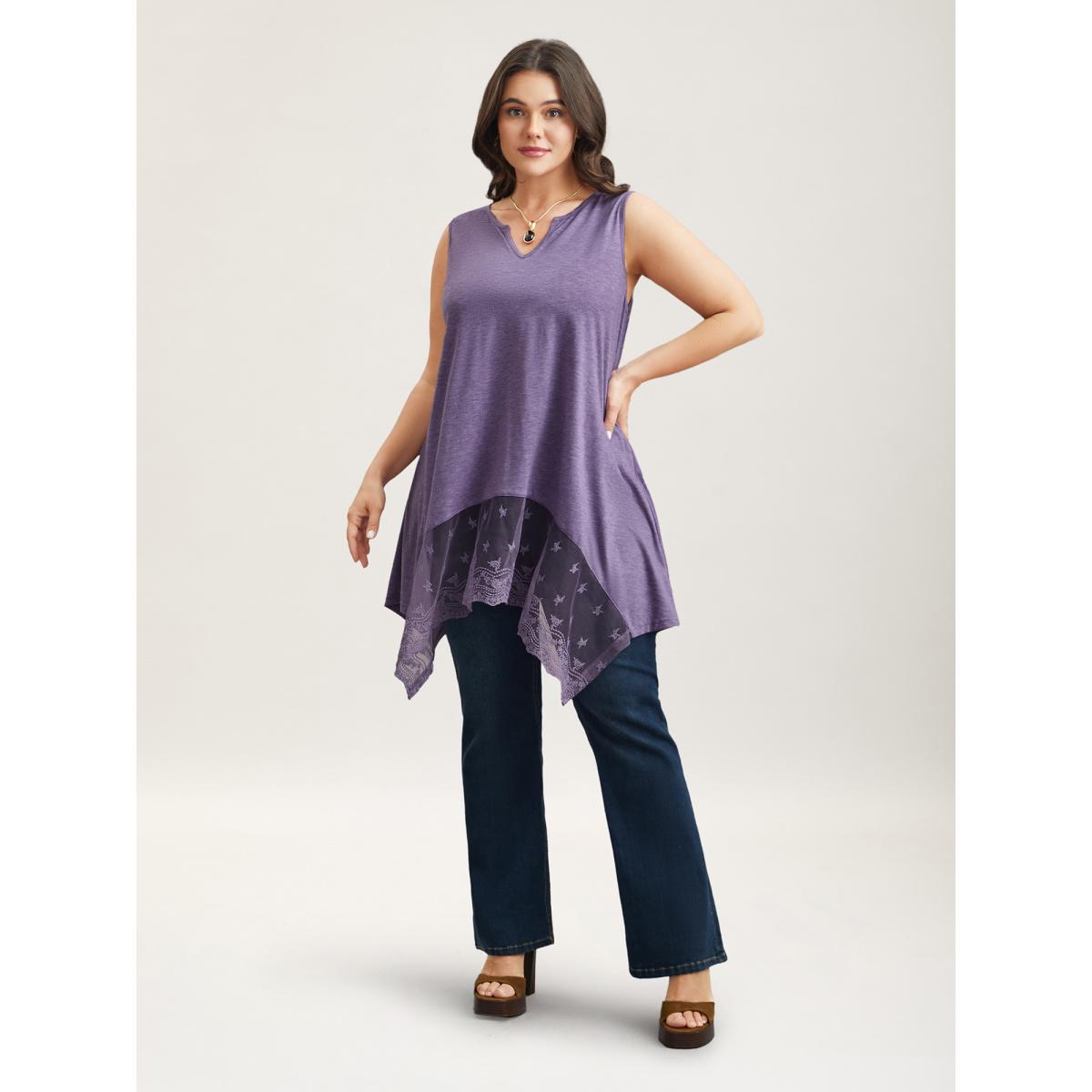 Plus Size Notched Collar Sheer Lace Hi-Low Hem Vest Women Mauve Elegant Patchwork Notched collar Everyday Tank Tops Camis BloomChic 10/M Product Image