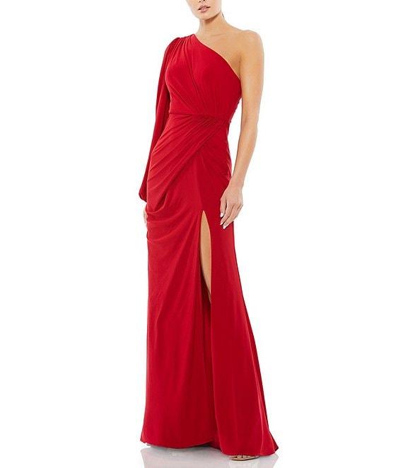 Mac Duggal One Sleeve Asymmetrical Neckline Draped Front Ruched Bodice Faux Wrap Jersey Gown Product Image
