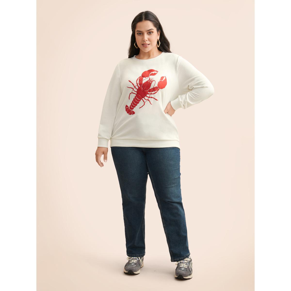 Plus Size Lobster Pattern Round Neck Sweatshirt Women Originalwhite Casual Patchwork Round Neck Everyday Sweatshirts BloomChic 14-16/1X Product Image