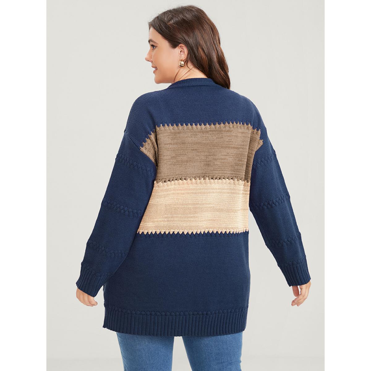 Plus Size Colorblock Contrast Pointelle Knit Pocket Jacquard Button Front Cardigan Multicolor Women Casual Loose Long Sleeve Dailywear Cardigans BloomChic 12/L Product Image