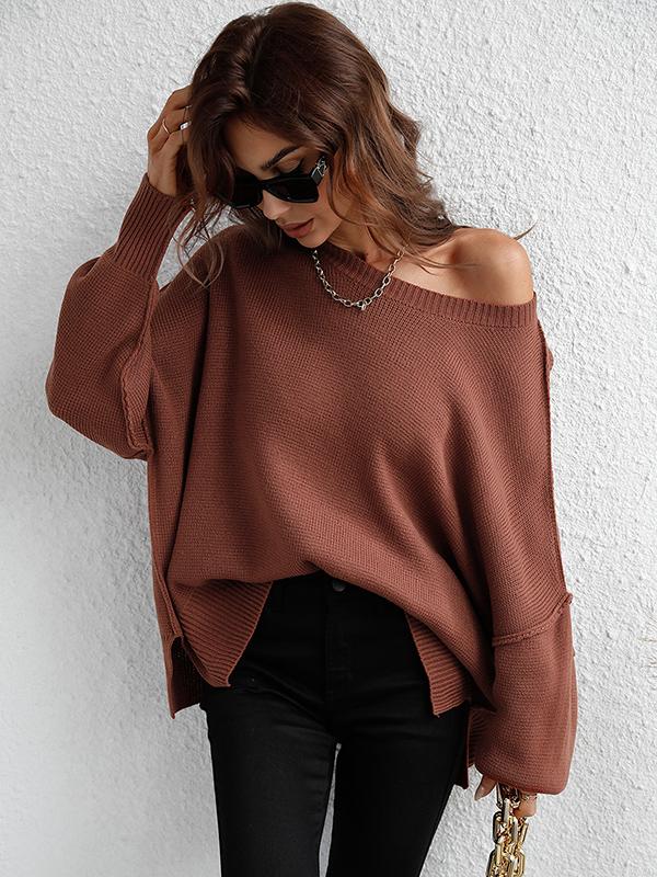 Casual Long Sleeves Loose Split-Side Solid Color Round-Neck Sweater Tops Product Image