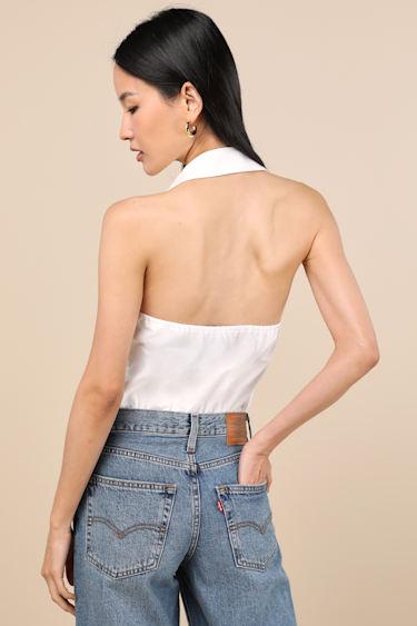 Aeres White Button-Front Collared Halter Bodysuit Product Image
