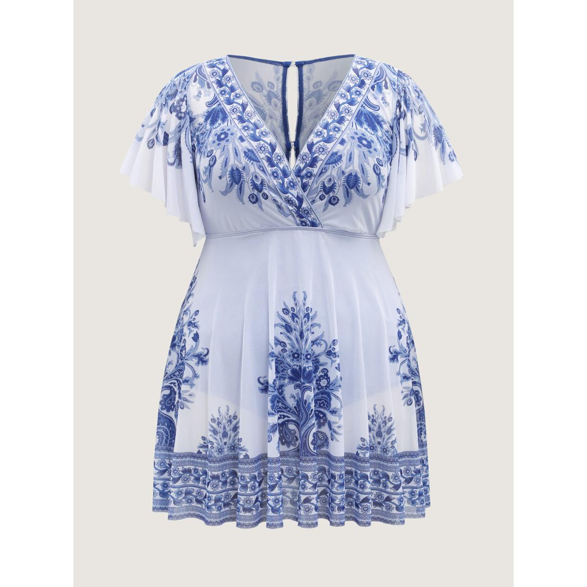 Plus Size Boho Print Sheer Back Adjustable Buckle Swim Dress Women's Swimwear Indigo Beach Bodycon Overlap Collar High stretch Curve Swim Dresses BloomChic 10/M Product Image