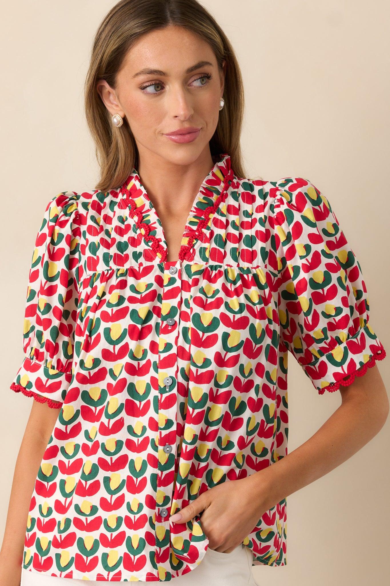 Lemonade Stand Cotton Red Floral Button Front Blouse Product Image