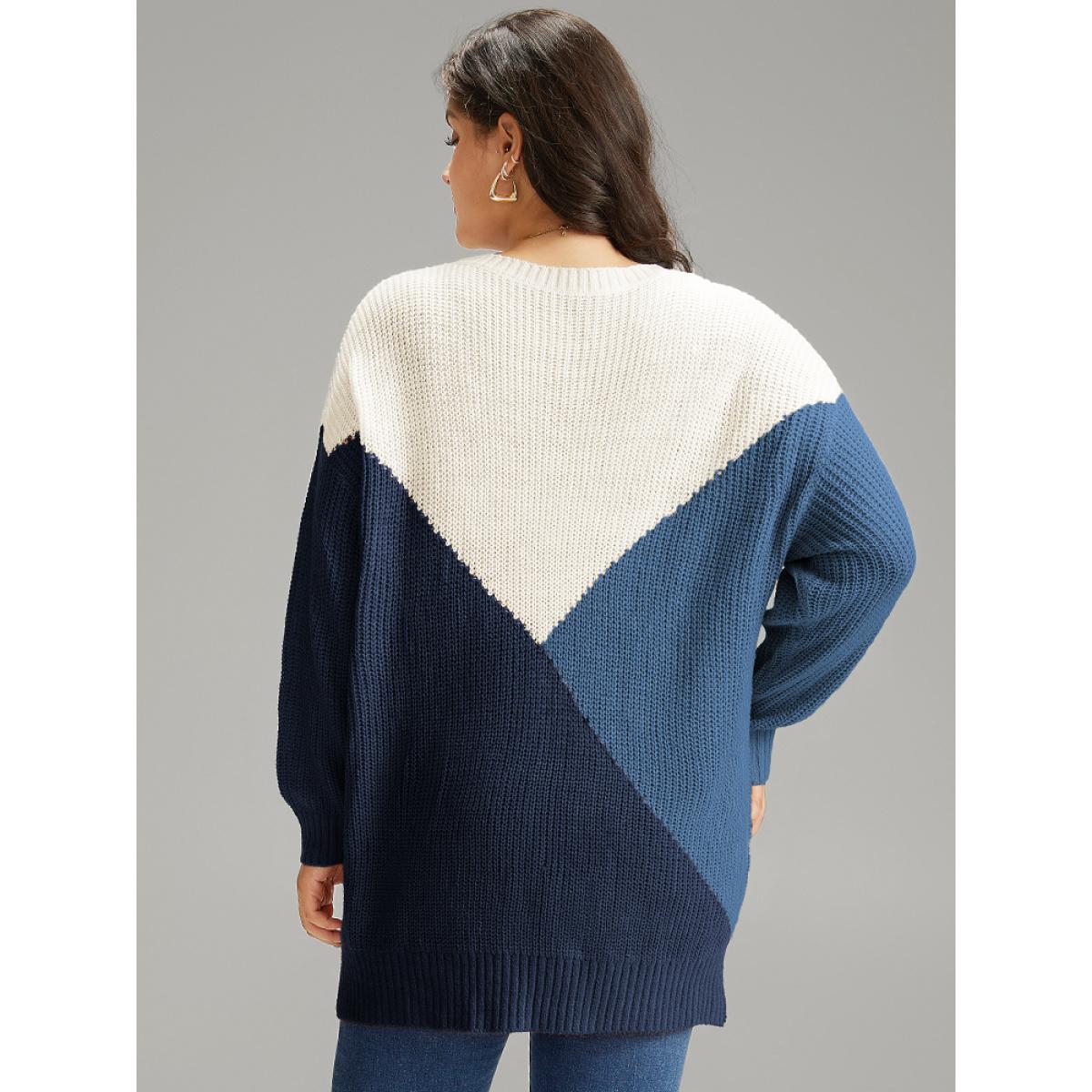Plus Size Colorblock Split Side Drop Shoulder Pullover DarkBlue Women Casual Loose Long Sleeve Round Neck Dailywear Pullovers BloomChic 30/6X Product Image