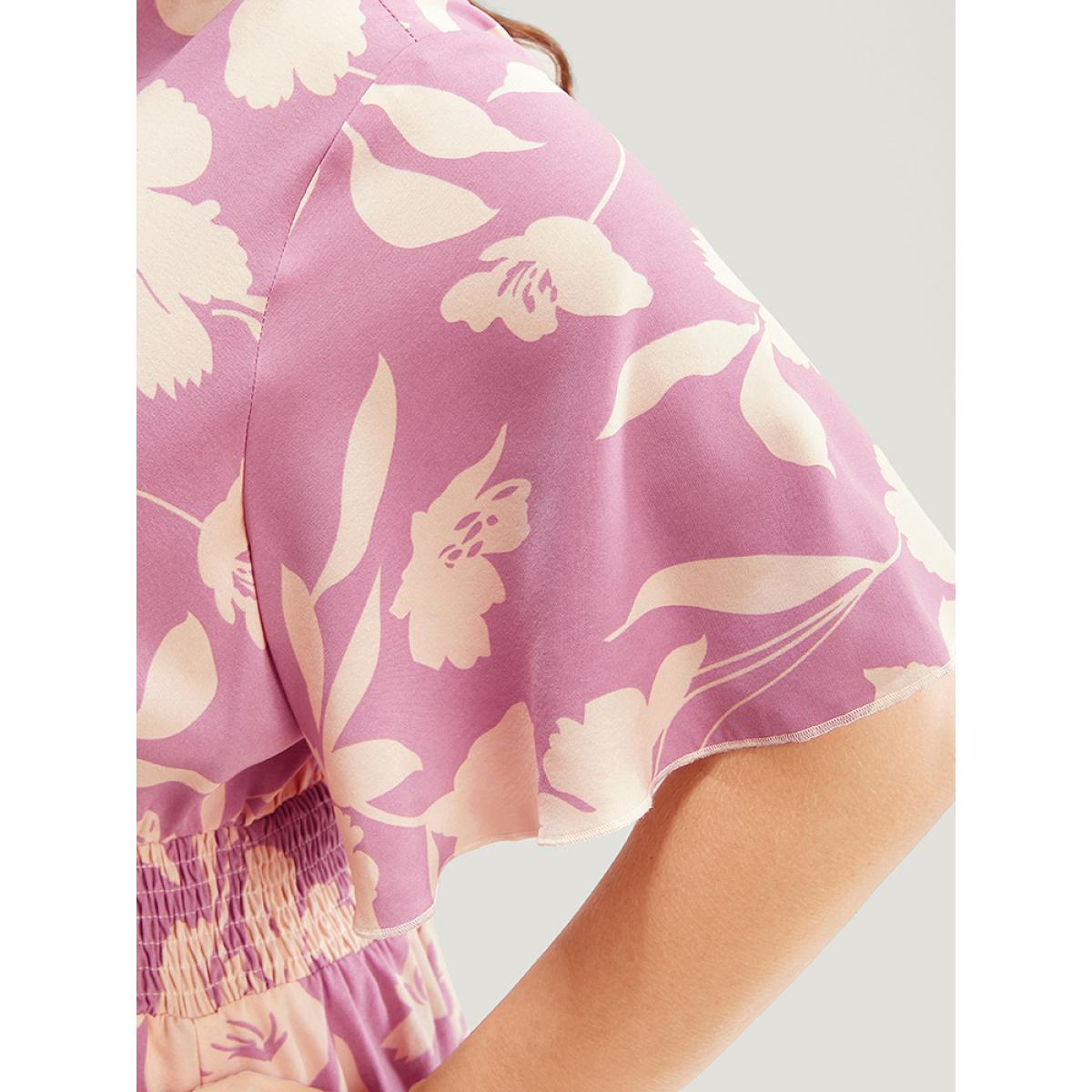 Plus Size Floral Surplice Neck Flutter Pocket Shirred Knee Dress Lilac Women Elegant Pocket V-neck Short sleeve Curvy Knee Dress BloomChic 10/M Product Image