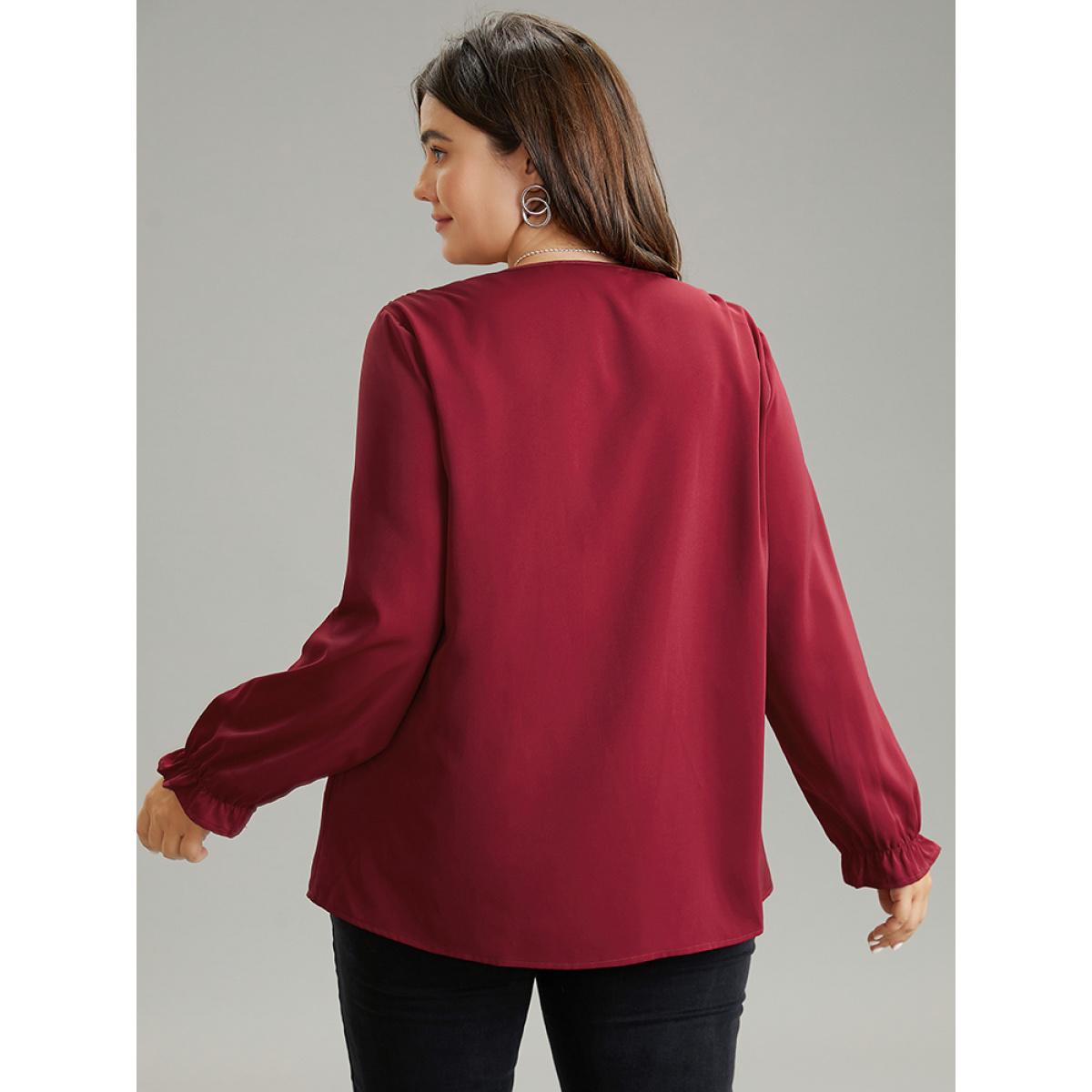 Plus Size Scarlet Contrast Trim Plicated Detail Flutter Sleeve Blouse Women Office Long Sleeve Round Neck Office Blouses BloomChic 30/6X Product Image