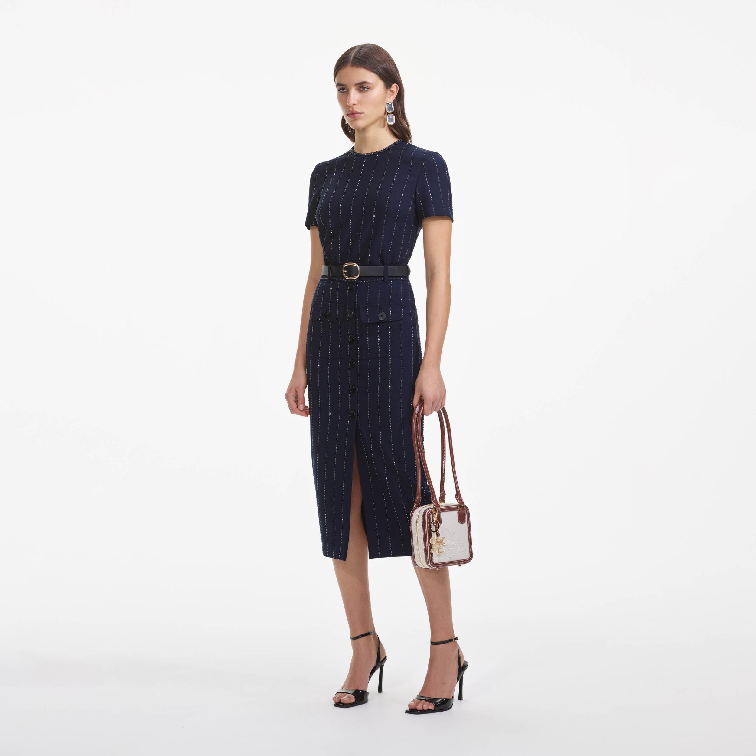 Navy Rhinestone Pinstripe Midi Skirt Product Image