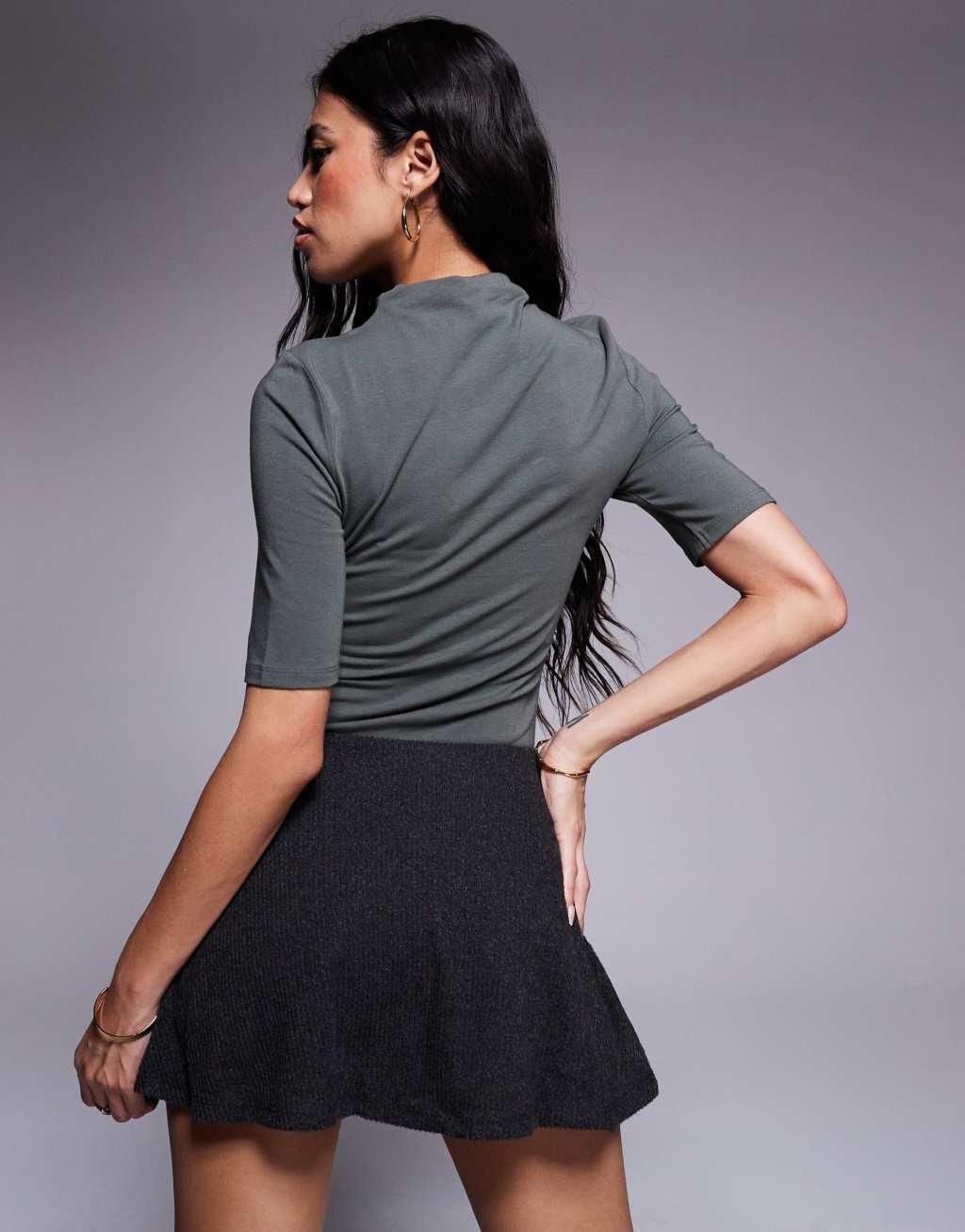 ASOS DESIGN high neck 3/4 sleeve bodysuit in khaki Product Image