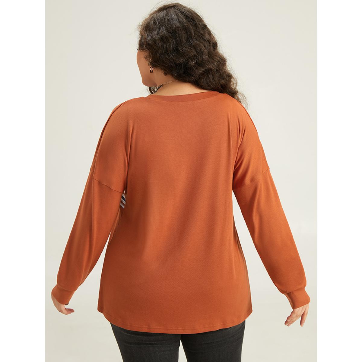 Plus Size Halloween Striped Patchwork Round Neck Drop Shoulder T-shirt Chocolate Women Casual Contrast Striped Round Neck Festival-Halloween T-shirts BloomChic 22-24/3X Product Image