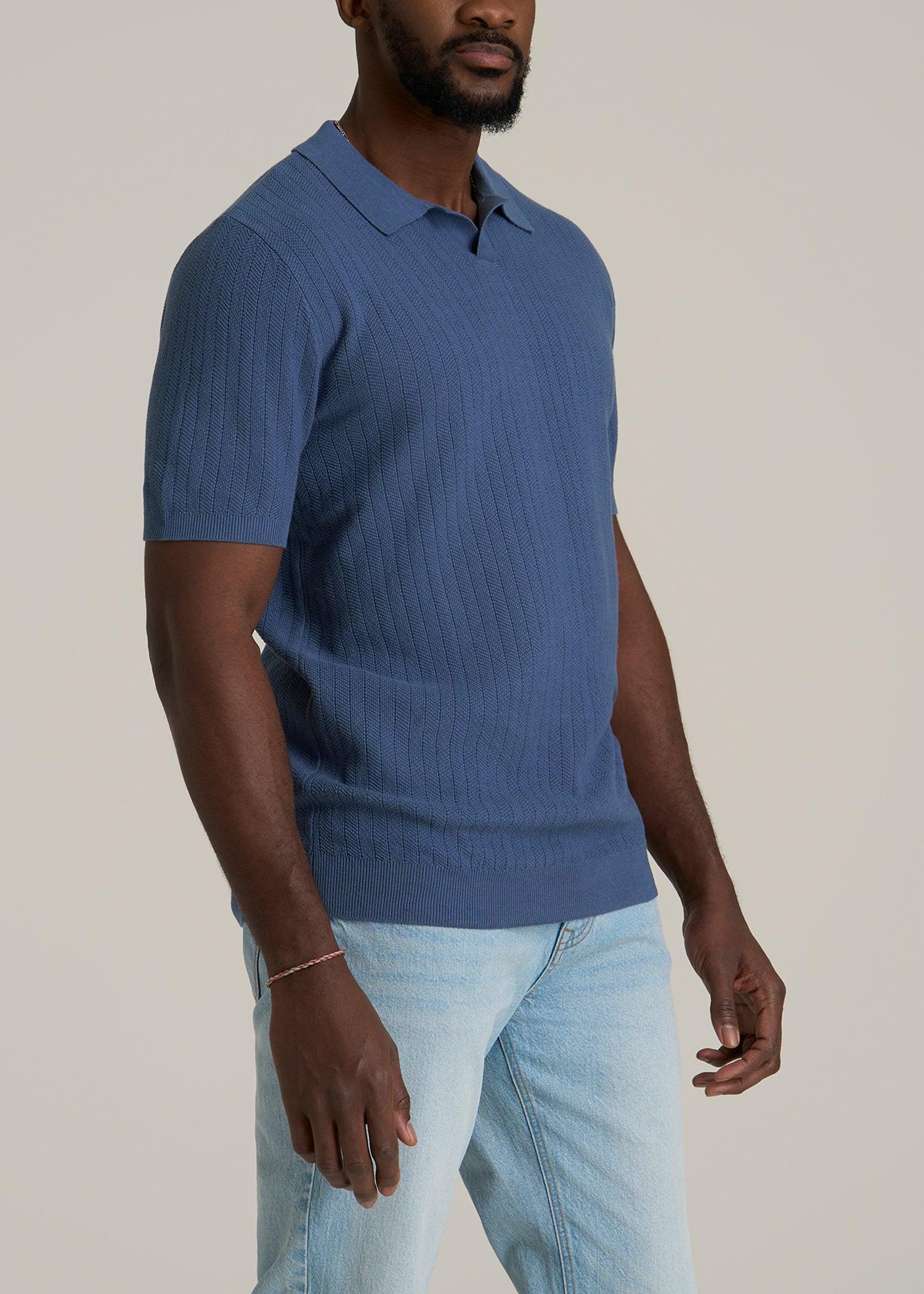 Linen Blend Ribbed Knit Polo Shirt for Tall Men in Steel Blue Male Product Image