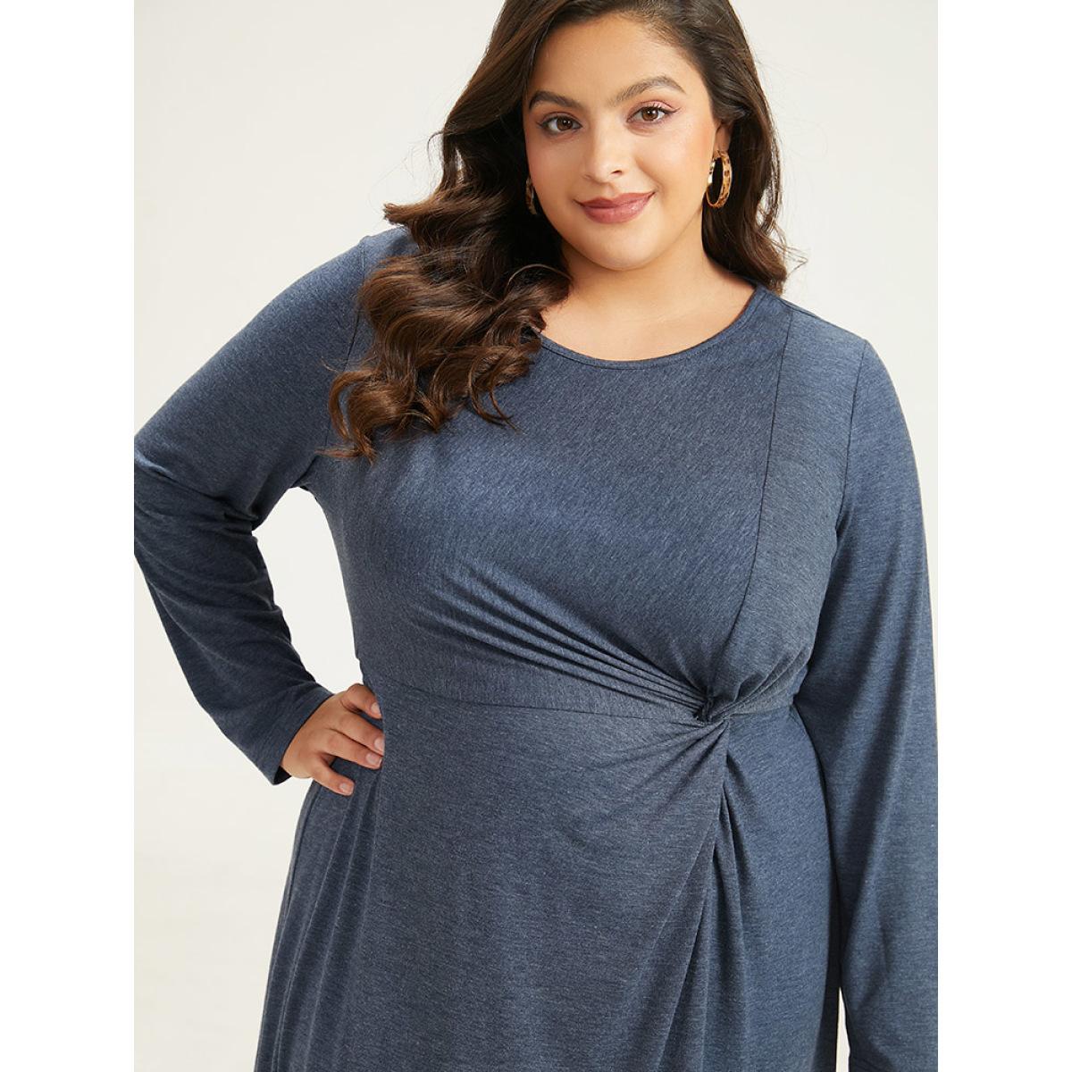 Plus Size Plain Crew Neck Twist Front Split Hem Dress Indigo Women Casual Plain Round Neck Long Sleeve Curvy Midi Dress BloomChic 30/6X Product Image