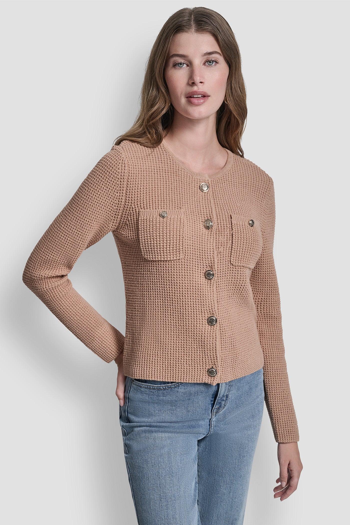 TUCK STITCH CREW NECK CARDIGAN Product Image