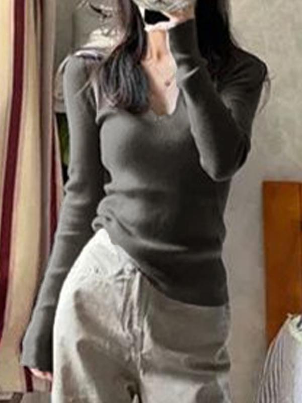 Solid V Neck Ribbed Long Sleeve Knit Product Image