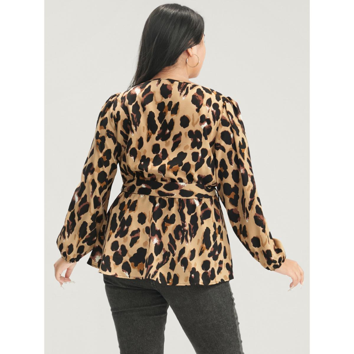 Plus Size LightBrown Leopard Belted Wrap Lantern Sleeve Blouse Women Elegant Long Sleeve V-neck Dailywear Blouses BloomChic 12/L Product Image