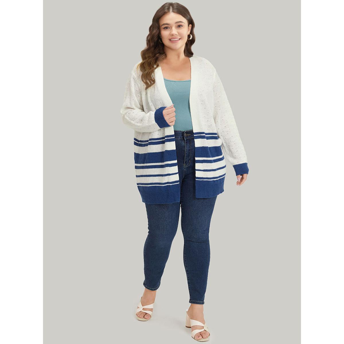 Plus Size Striped Open Front Contrast Elastic Cuffs Cardigan Ivory Women Casual Loose Long Sleeve Dailywear Cardigans BloomChic 22-24/3X Product Image