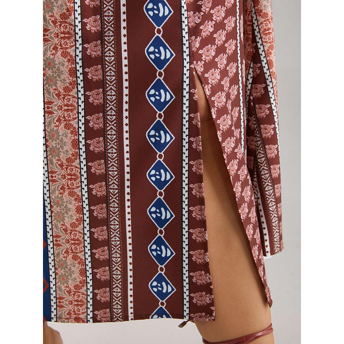 Plus Size Boho Print Keyhole Split Hem Pocket Dress Scarlet Women Vacation Printed Notched collar Long Sleeve Curvy Midi Dress BloomChic 10/M Product Image