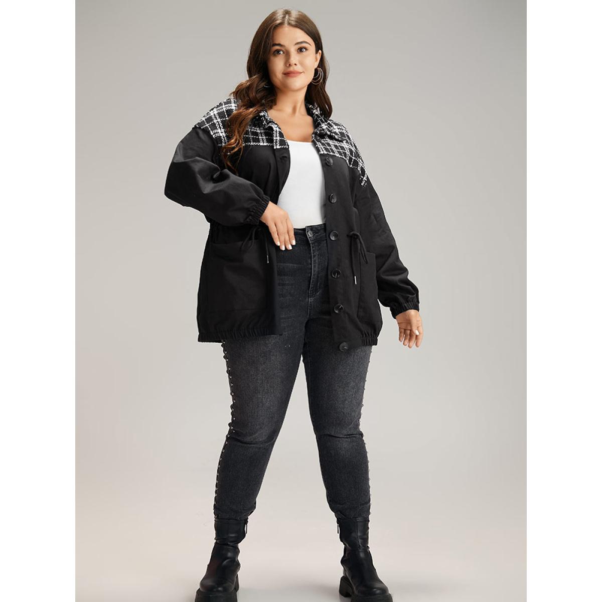 Plus Size Plaid Patchwork Contrast Drawstring Button Up Jacket Women Black Elastic cuffs Pocket Dailywear Jackets BloomChic 18-20/2X Product Image