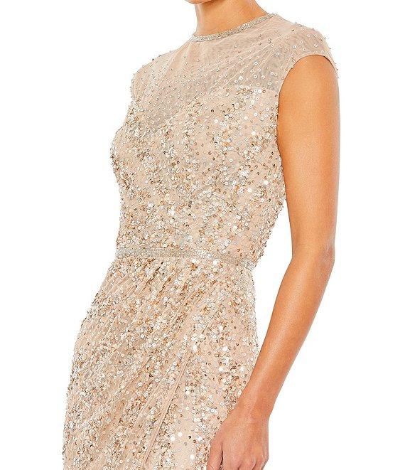 Mac Duggal Embellished Sequin Illusion High Neck Cap Sleeve Thigh High Slit Gown Product Image