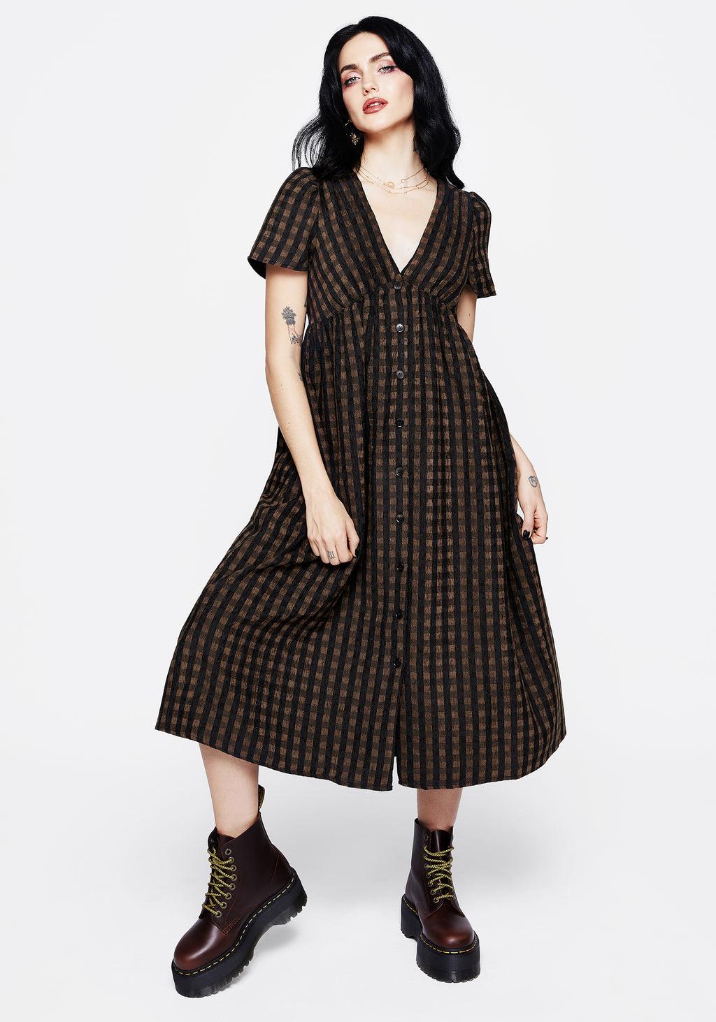 Rydal Check Button Up Midi Dress - Brown Product Image