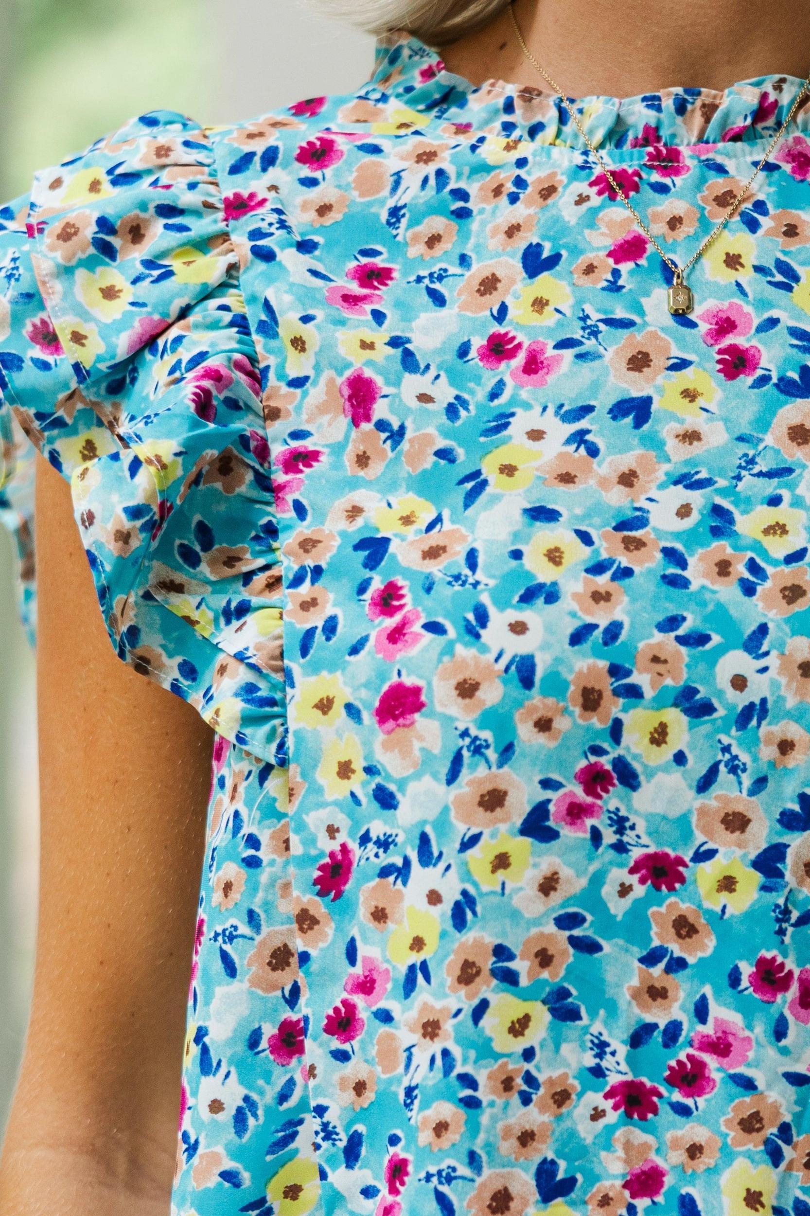 Better Believe It Aqua Blue Ditsy Floral Blouse Female Product Image