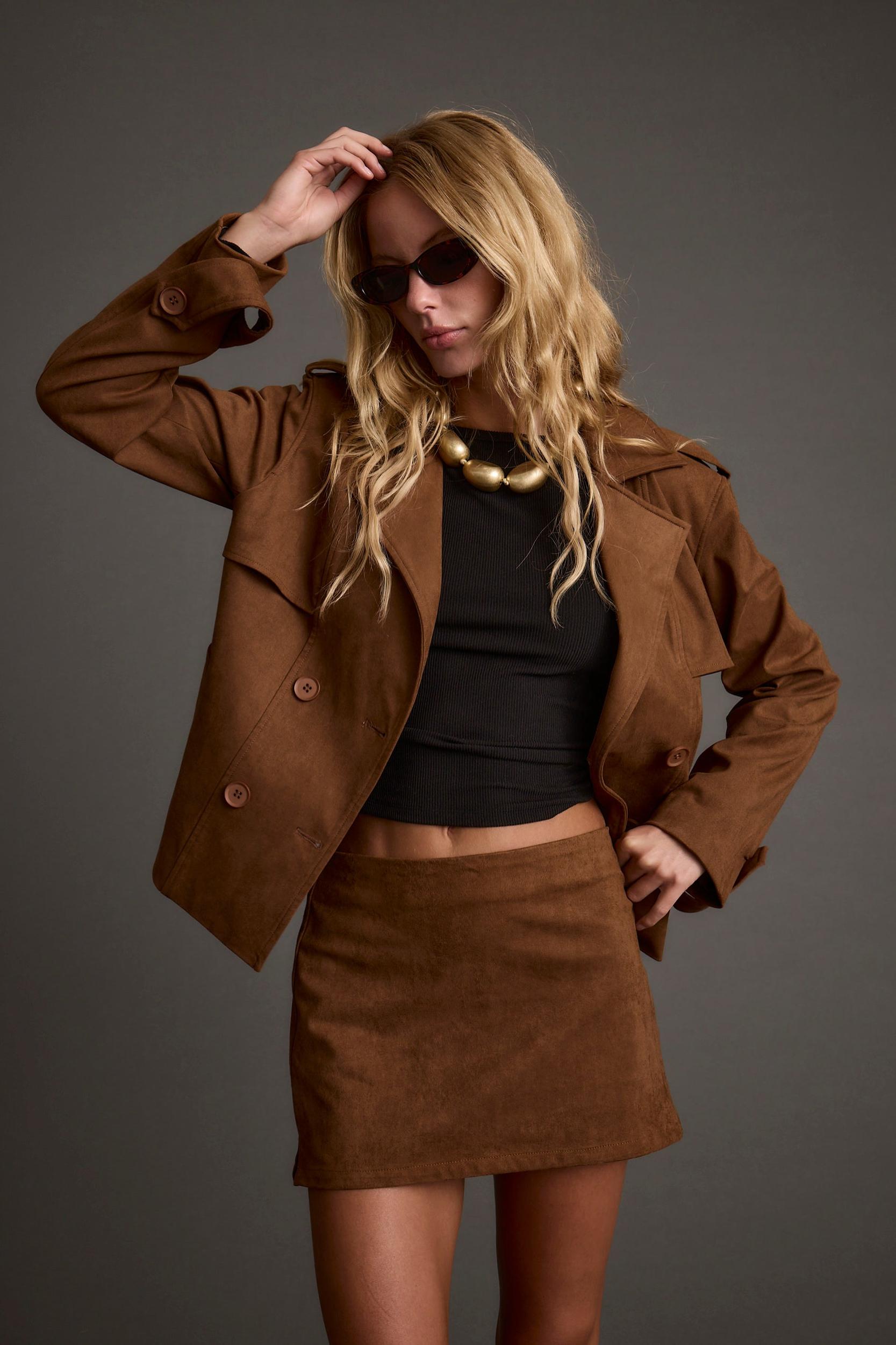Kinsey Cognac Vegan Suede Cropped Trench Product Image