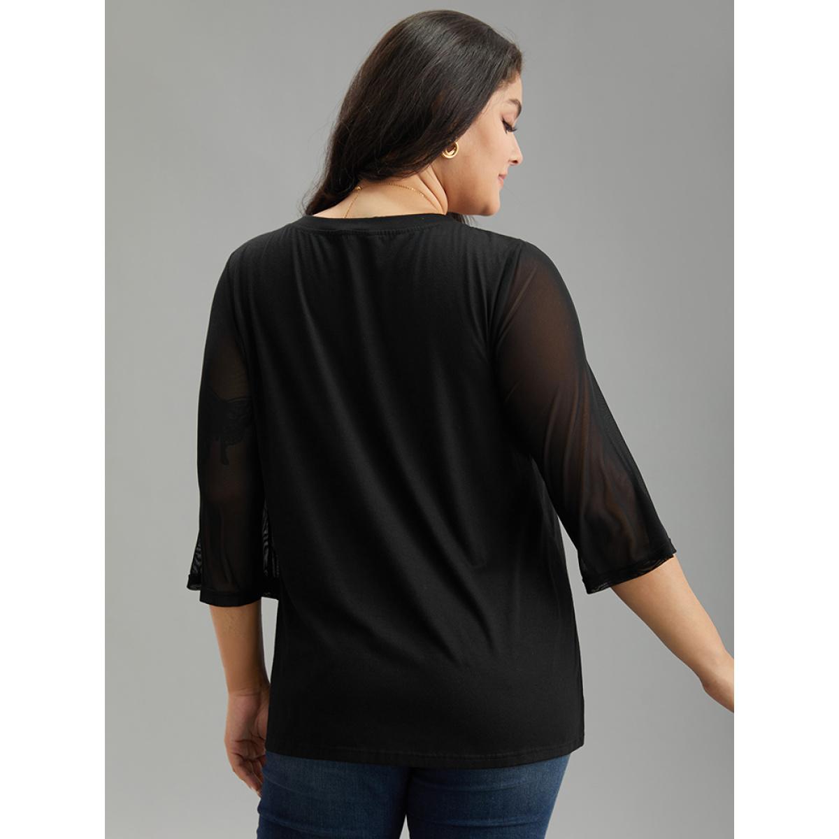Plus Size Plain Patchwork Mesh Rhinestone Detailing T-shirt Black Women Elegant Rhinestone detailing Galaxy V-neck Dailywear T-shirts BloomChic 30/6X Product Image