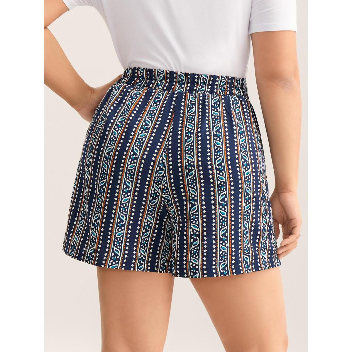 Plus Size Boho Stripes Pockets Straight-Leg Shorts Women Indigo Resort Straight Leg Vacation Shorts BloomChic 26/4X Product Image