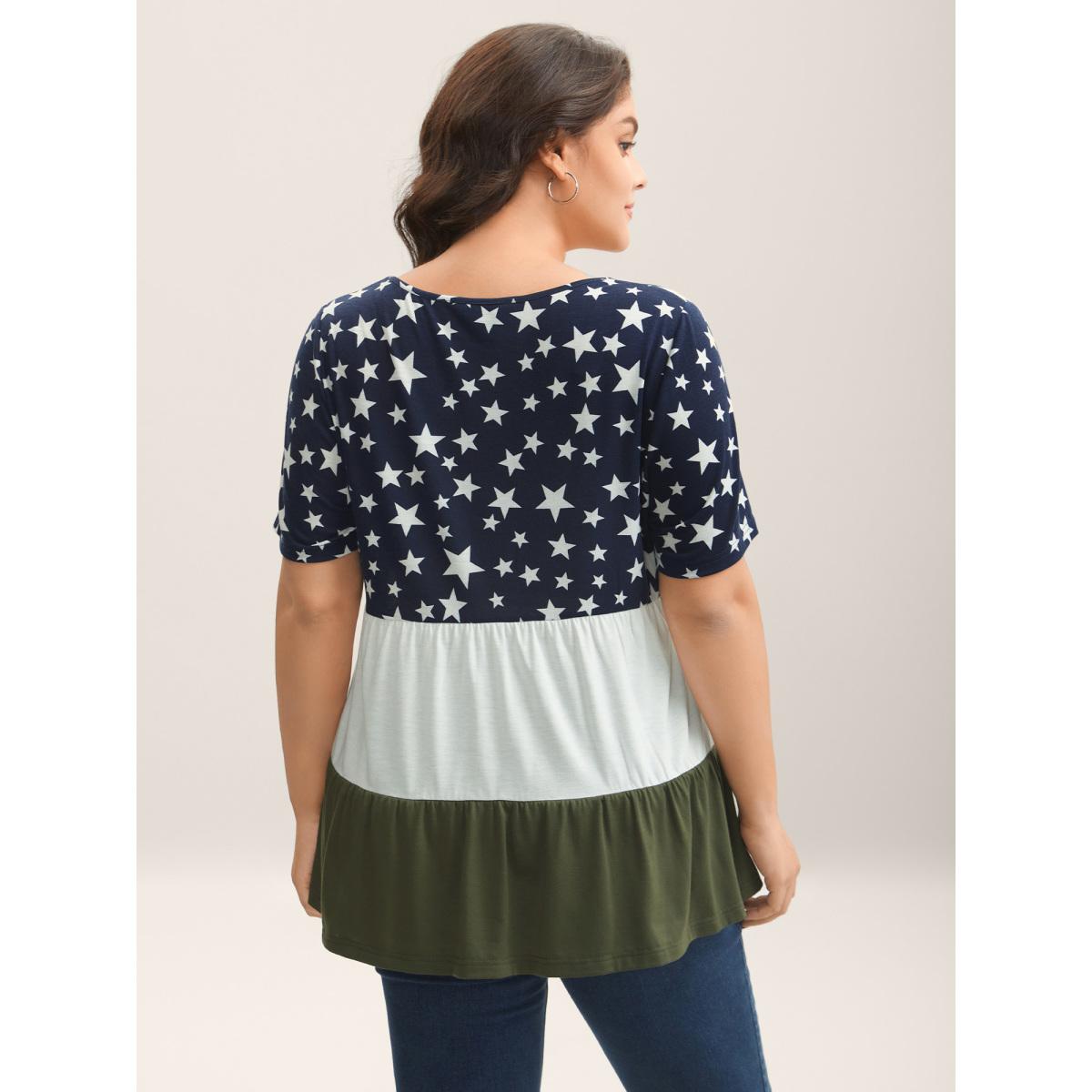 Plus Size Star Print Color Contrast Tiered T-Shirt Multicolor Women Gathered V-neck Everyday-Casual T-shirts BloomChic 12/L Product Image