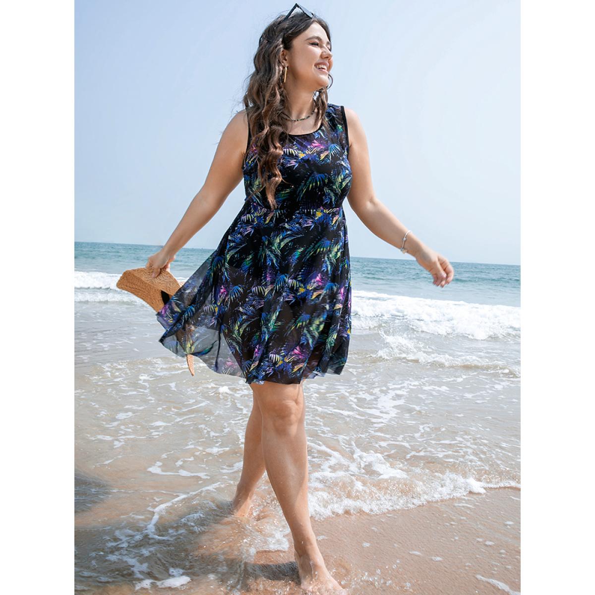 Plus Size Plant Print Sleeveless Mesh Adjustable Straps Swim Dress Women's Swimwear Black Vacation Bodycon Round Neck High stretch Curve Swim Dresses BloomChic 30/6X Product Image