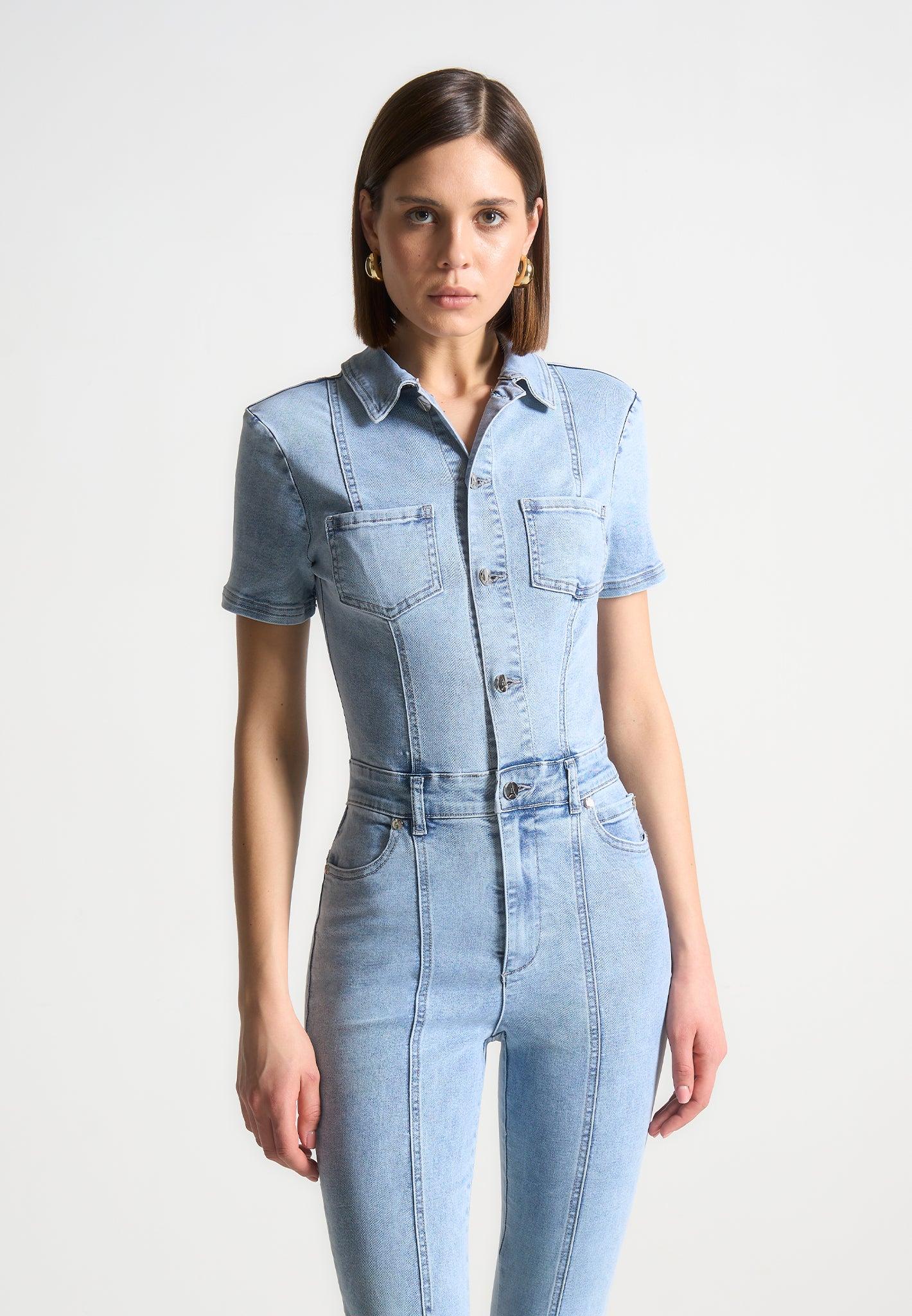 Violette - Mini Flared Denim Jumpsuit - Mid Blue Female Product Image