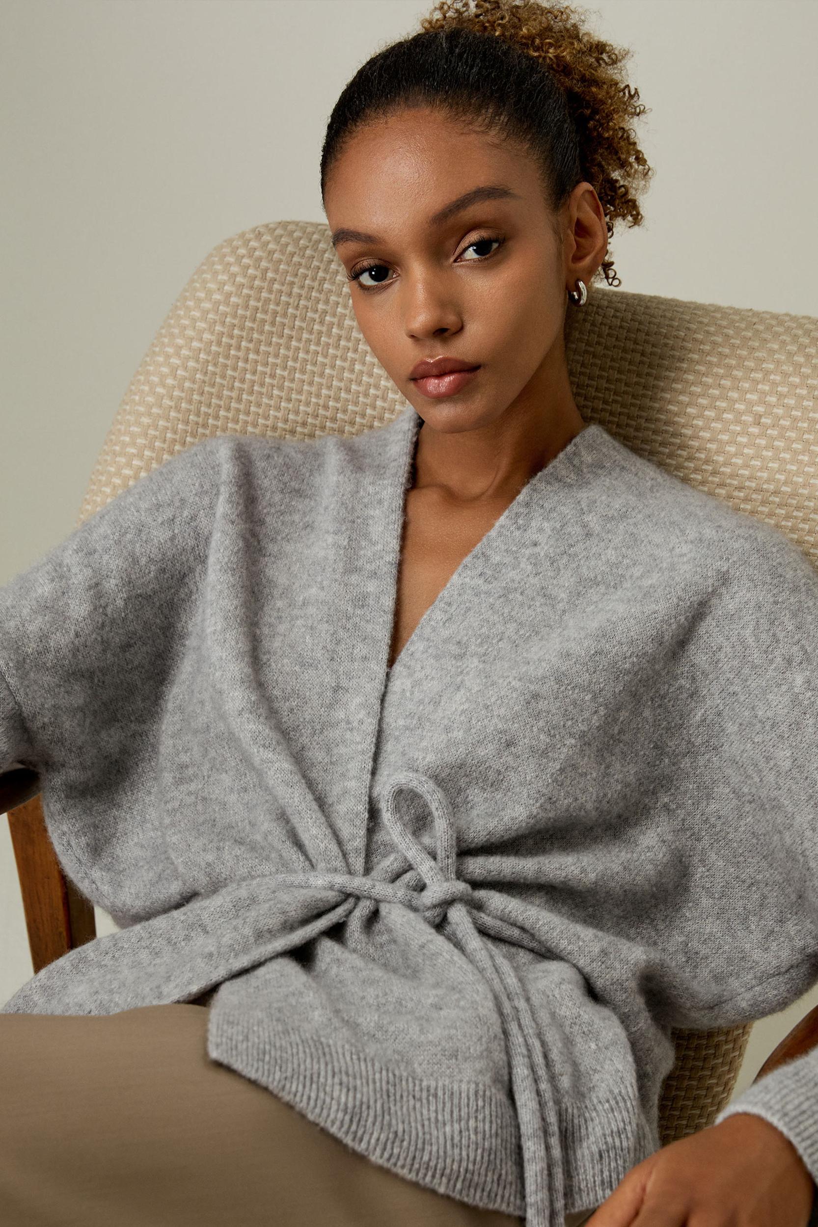 LILYSILK Cashmere Cardigan Women - Gray Cashmere Silk - Comfortable High Ribbed Sweater L Product Image