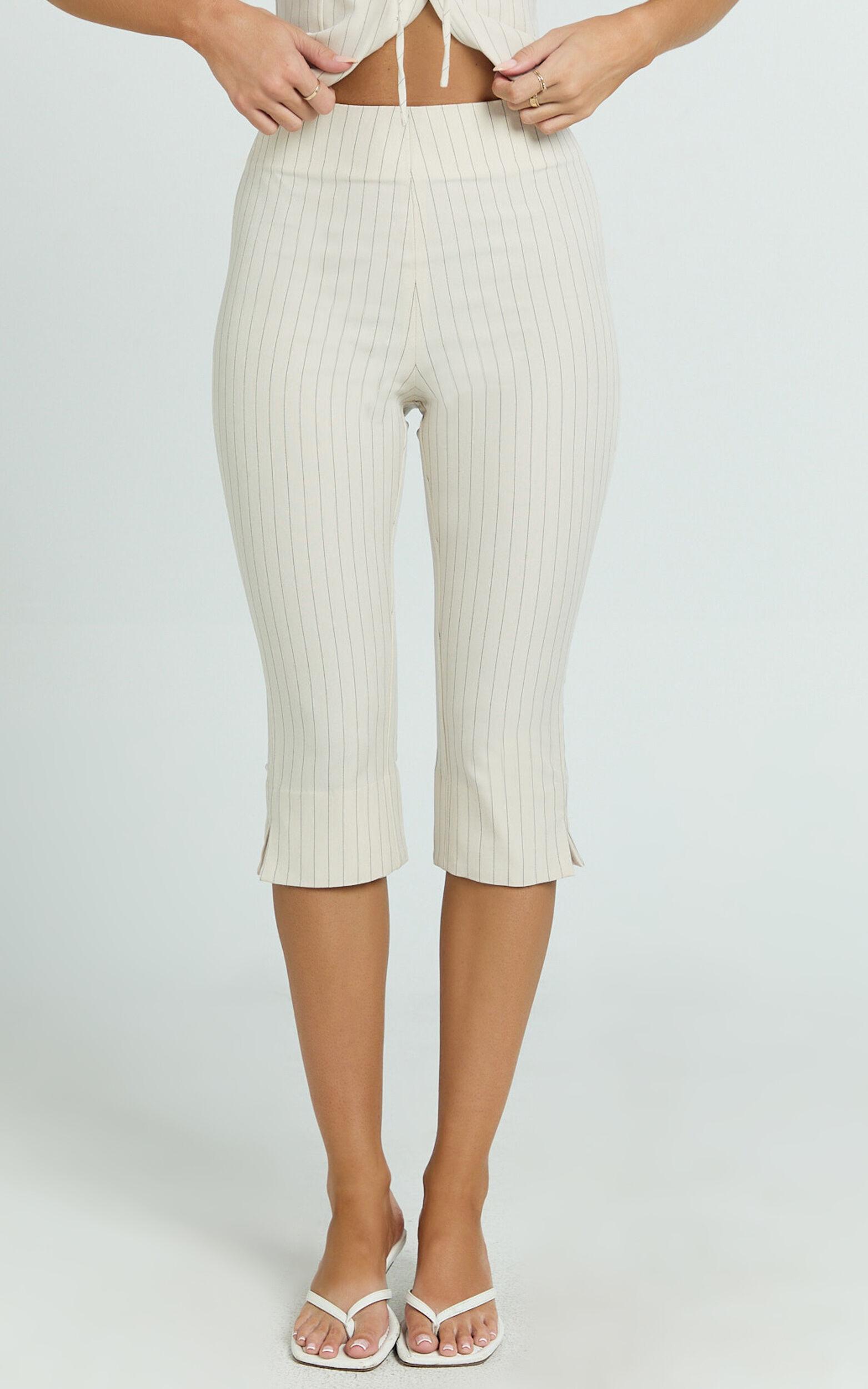Susannah Pants - Pinstripe Fitted Split Leg Capri Pants in Cream Product Image