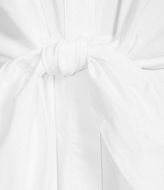 Lauren Ralph Lauren Solid Stretch Woven Point Collar Long Sleeve Self Tie Waist Button Front A-Line Dress Product Image