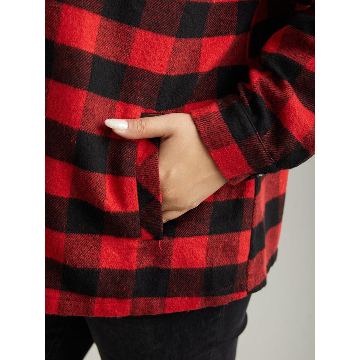 Plus Size Plaid Button Through Patchwork Contrast Shacket Women Red Casual Contrast Ladies Dailywear Winter Coats BloomChic 22-24/3X Product Image